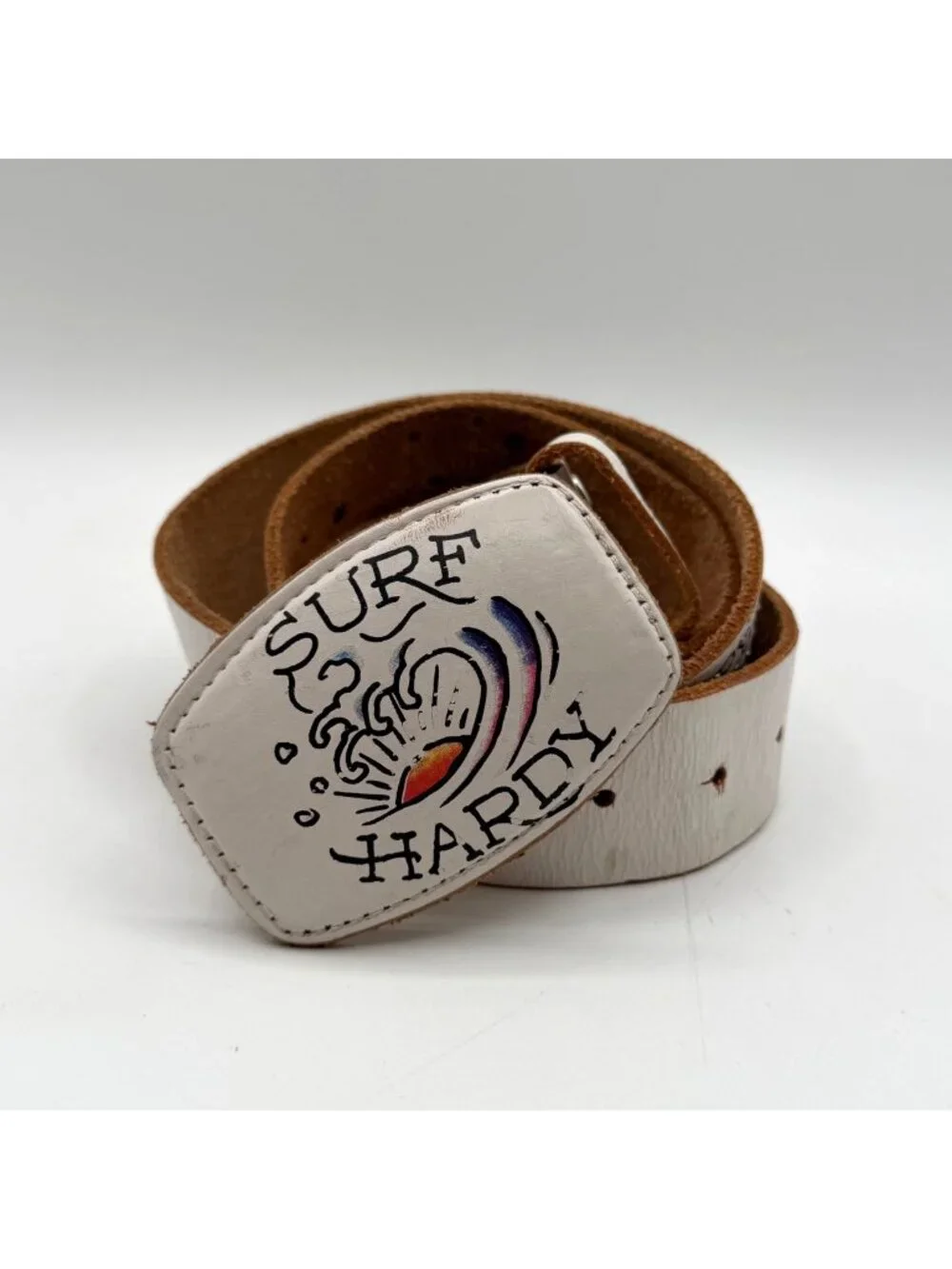 Vintage Ed Hardy Men's Y2K Surf Hardy Panther Rivets White Leather Belt Size M
